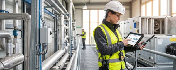 Technicien réalisant un audit énergétique dans une installation industrielle moderne avec équipements de mesure