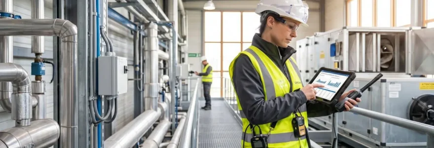 Technicien réalisant un audit énergétique dans une installation industrielle moderne avec équipements de mesure