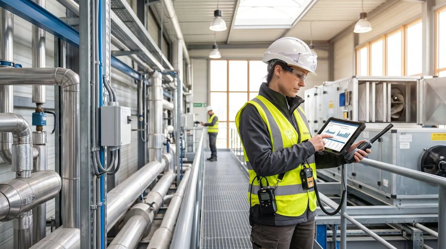 Technicien réalisant un audit énergétique dans une installation industrielle moderne avec équipements de mesure