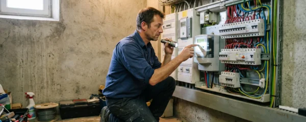 Un gérant lit son compteur électrique professionnel dans un local technique.