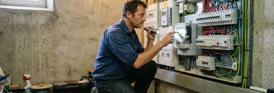 Un gérant lit son compteur électrique professionnel dans un local technique.