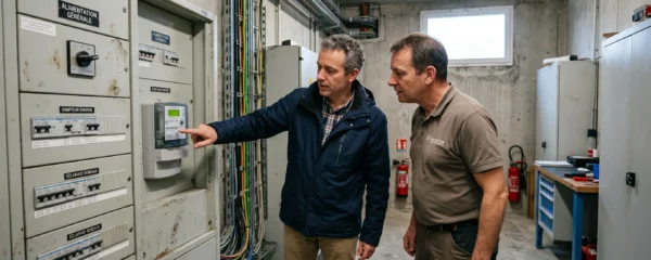 Un consultant en énergie et un gestionnaire examinent un compteur électrique dans un local technique.