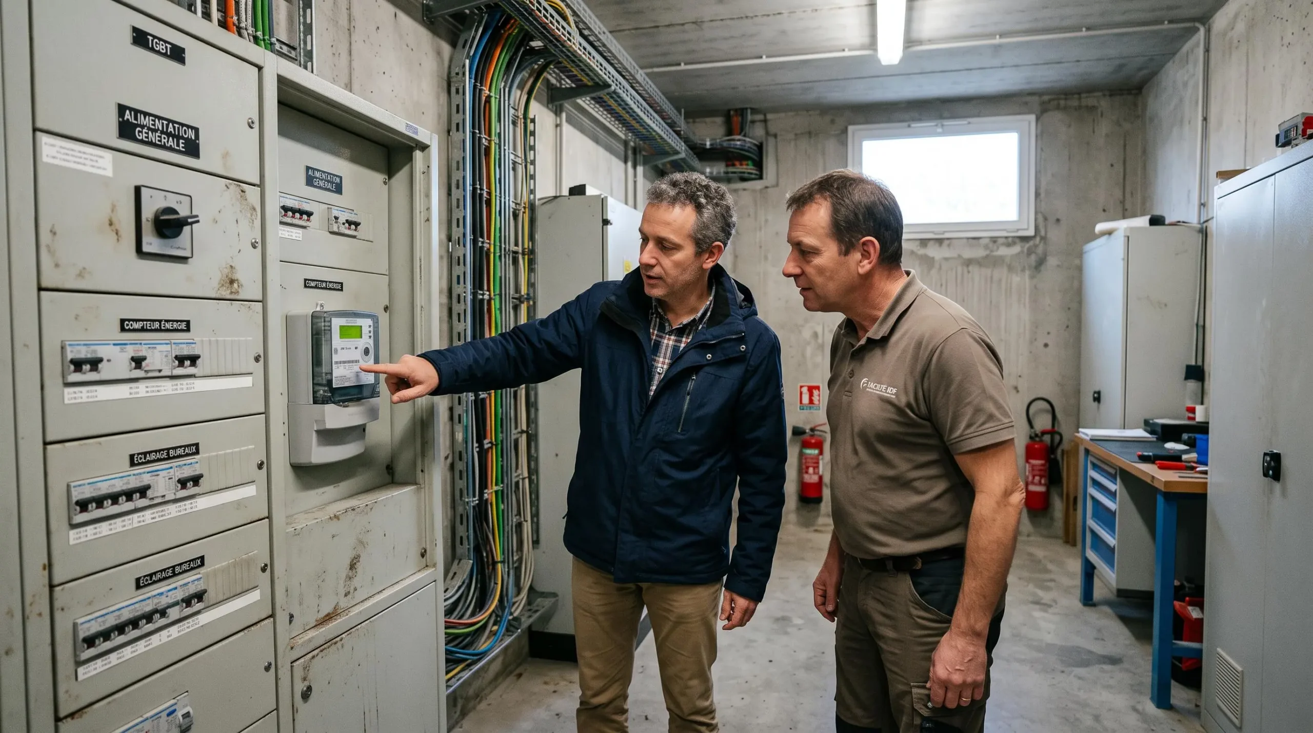 Un consultant en énergie et un gestionnaire examinent un compteur électrique dans un local technique.
