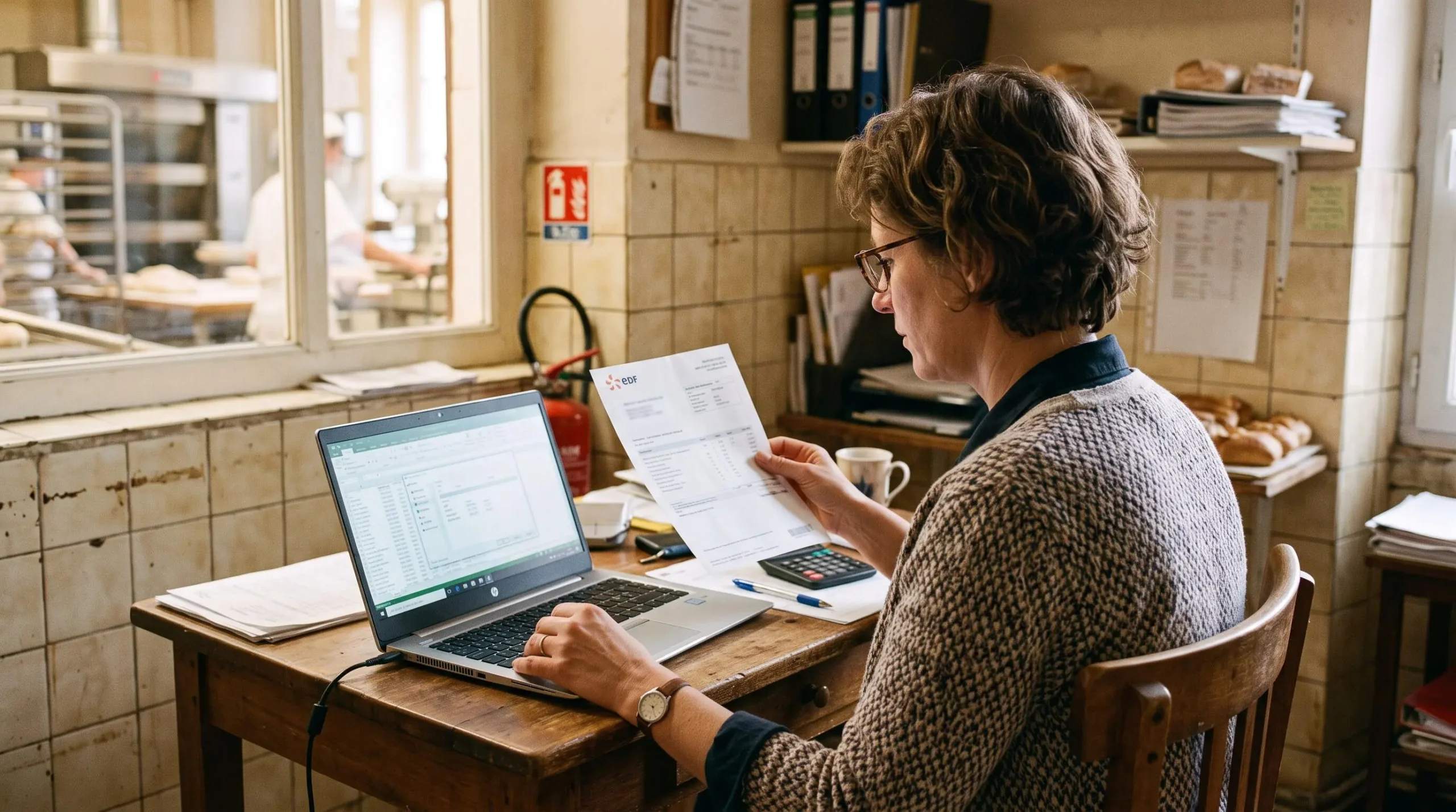 Une gestionnaire examine une facture d'électricité dans le bureau d'une boulangerie.