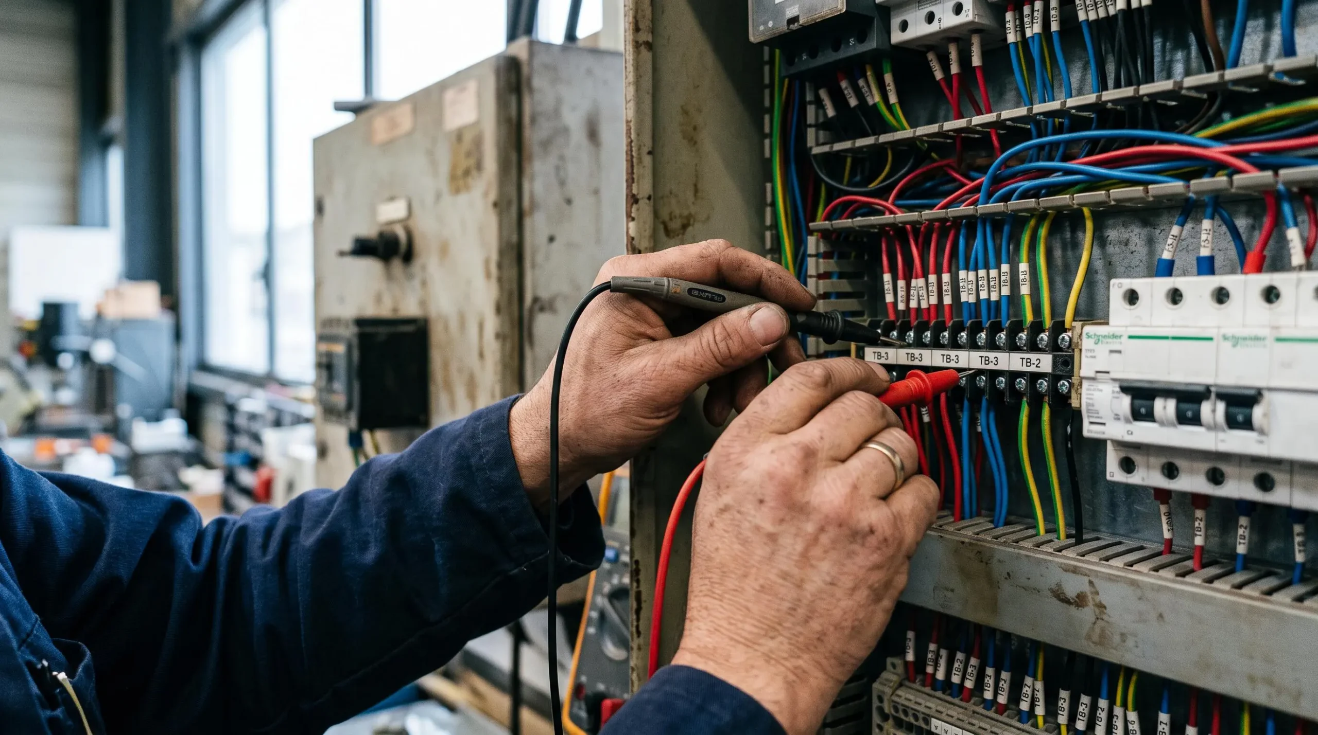 Un électricien mesure la tension sur un tableau électrique professionnel au multimètre.